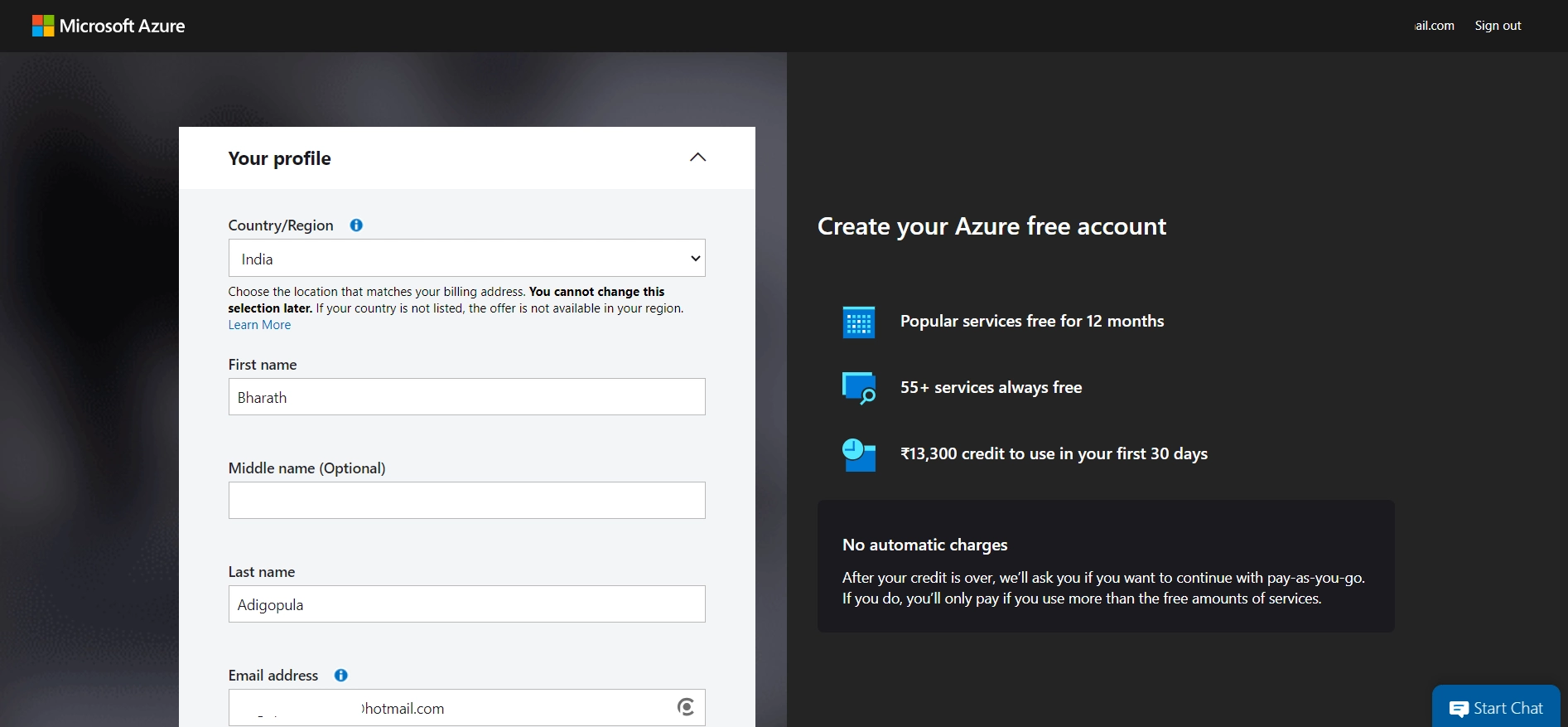 azure account profile creation