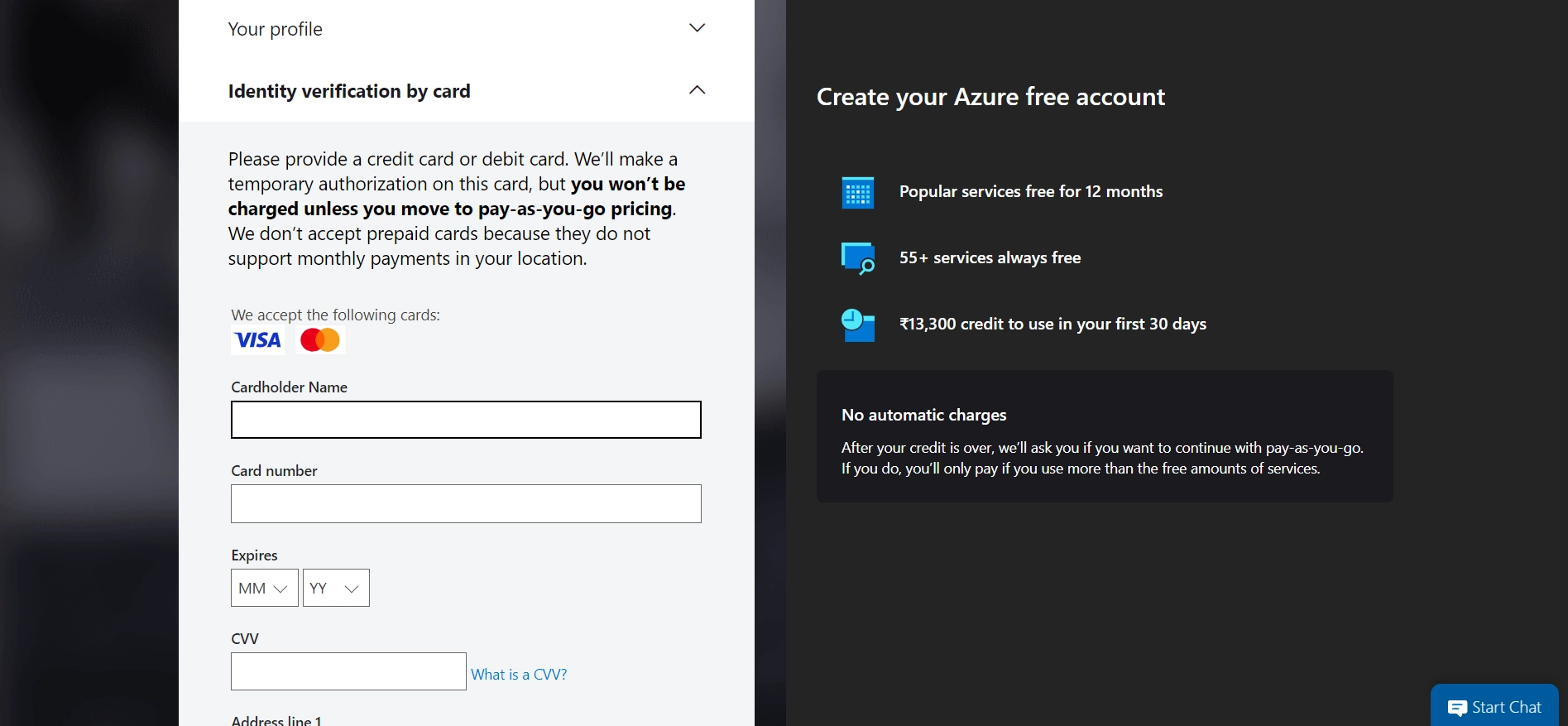 microsoft azure free account creation process