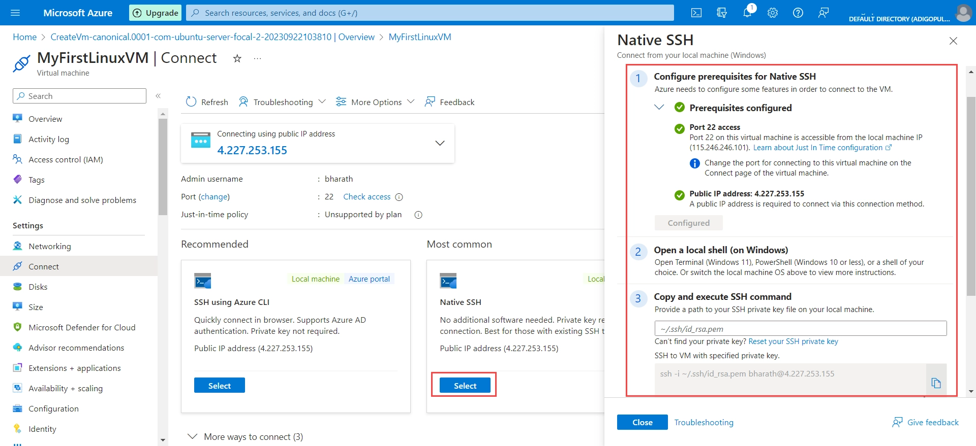 how to connect azure vm using ssh